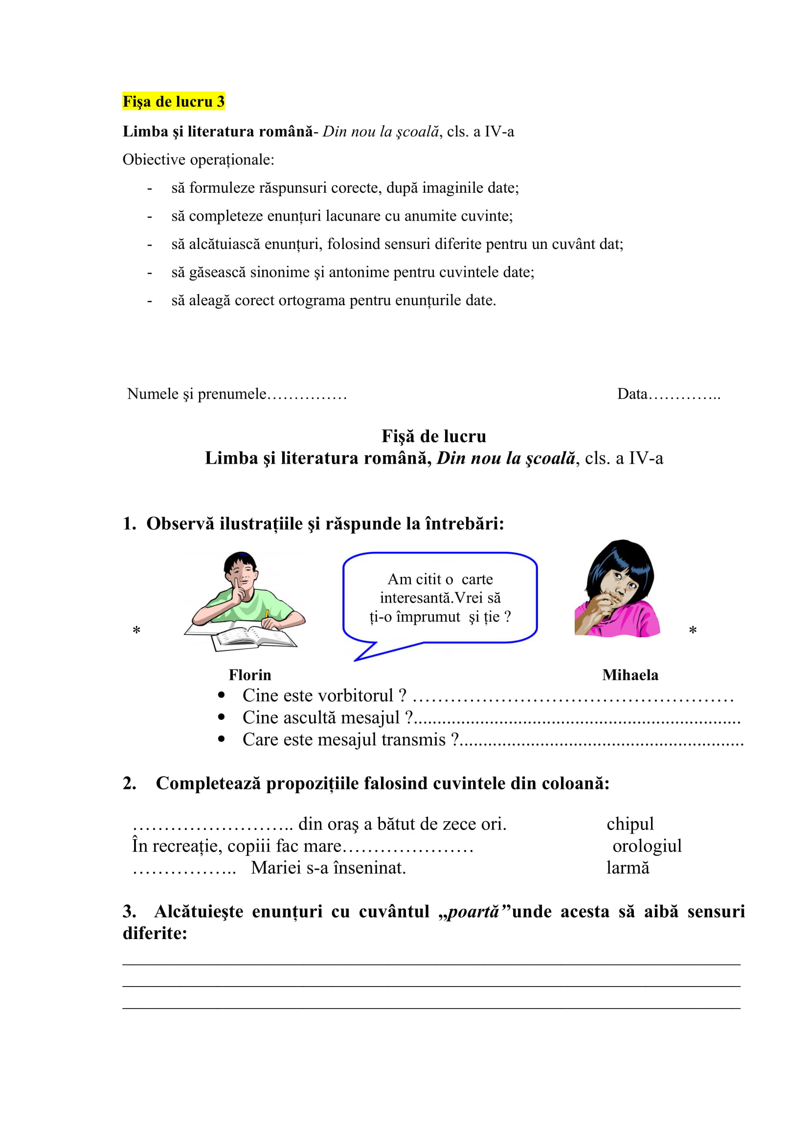 LB. ROM. FISE DE LUCRU CLS. A 7-A. SEM AL II-LEA